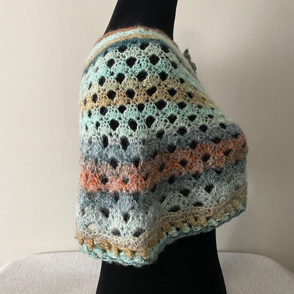 Handmade Crochet Blue Orange Multicolour Wool Angora Mohair Blend Short Capelet - Picture 6 of 6